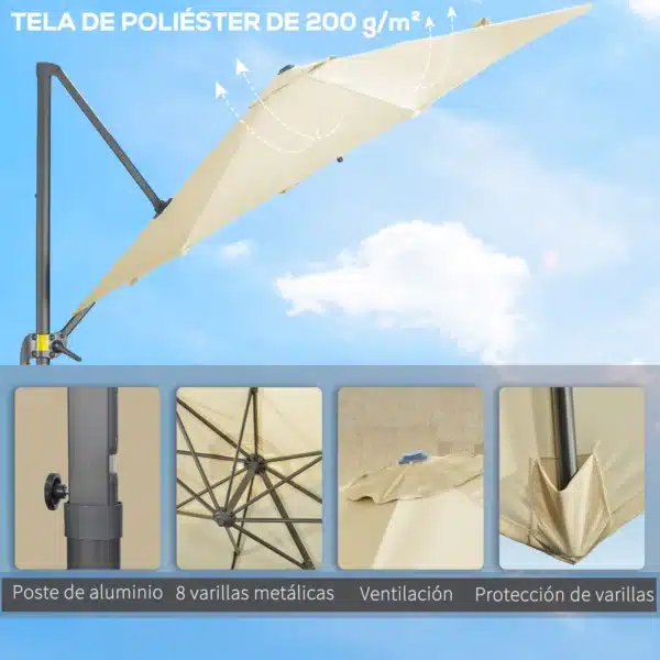 Sombrilla de Jardín de Aluminio Ø300x250 cm con Manivela Toldo Inclinable Giratorio 360° con Pedal y Base Cruzada Crema - Imagen 5