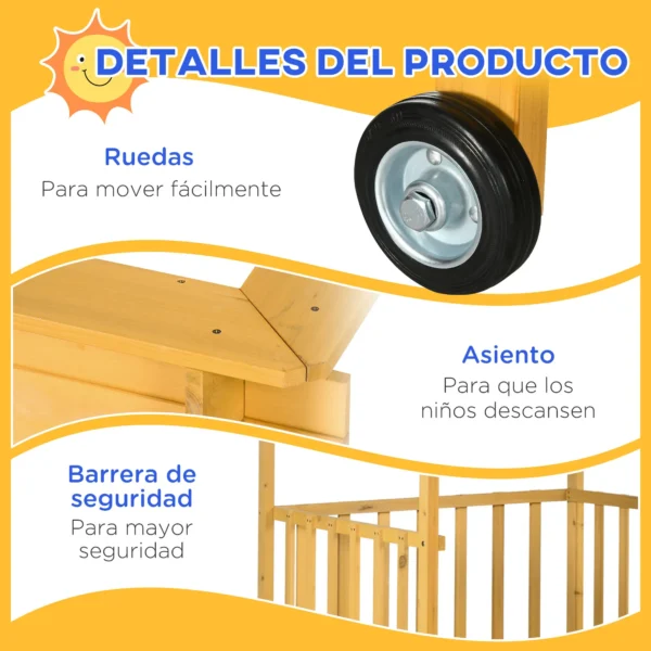 Arenero para Niños Veranda de Madera con Techo y Ruedas Juego para Niños de 3-8 Años para Jardín 133x129x137,5cm Natural - Imagen 5