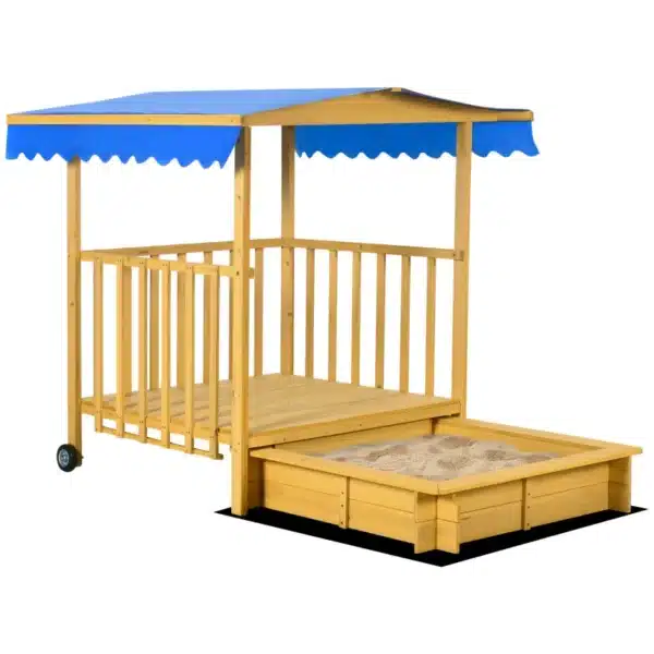 Arenero para Niños Veranda de Madera con Techo y Ruedas Juego para Niños de 3-8 Años para Jardín 133x129x137,5cm Natural - Imagen 11