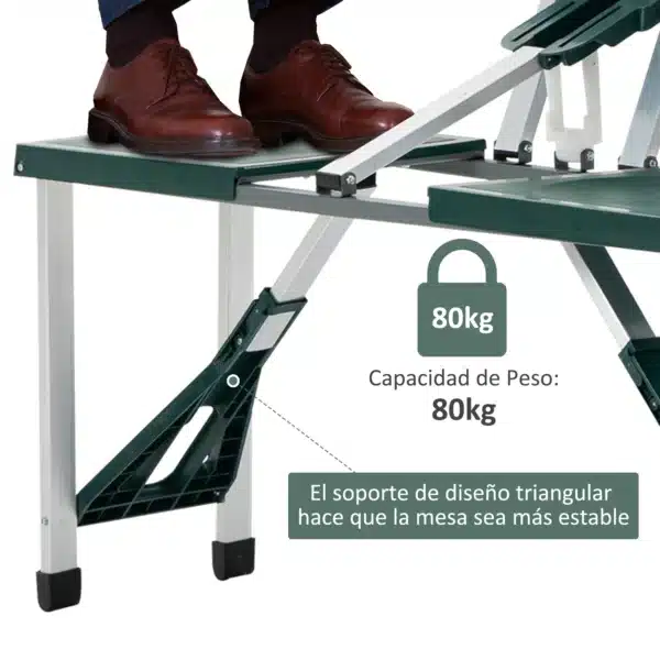 Mesa Maleta de Camping Plegable Portátil 4 Asientos y Agujero Sombrilla Estructura Aluminio Playa Picnic 135.5x84.5x66cm (Verde) - Imagen 6