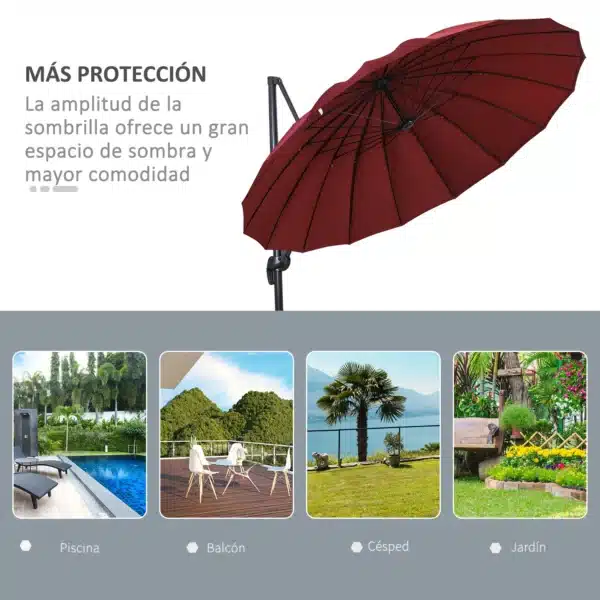 Parasol Sombrilla de Jardín Ø300 cm de Diámetro con Manivela y Poste Giratorio 360° Techo Inclinable en 6 Posiciones Base Cruzada Incluida Rojo - Imagen 4