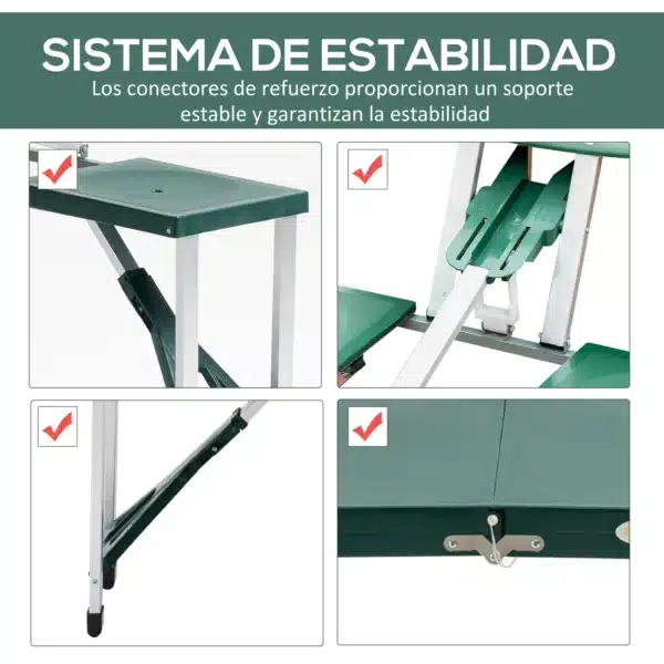 Mesa Maleta de Camping Plegable Portátil 4 Asientos y Agujero Sombrilla Estructura Aluminio Playa Picnic 135.5x84.5x66cm (Verde) - Imagen 5