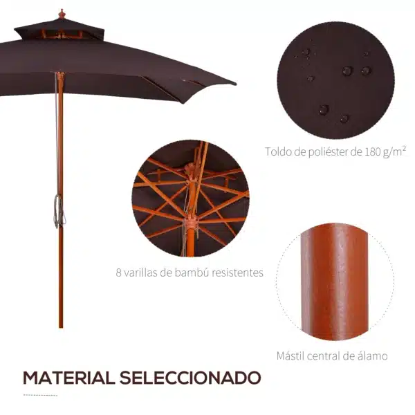 Sombrilla de Jardín 3x3x3 m con Doble Techo Sistema de Polea Impermeable para Terraza Balcón Exterior Marrón - Imagen 9
