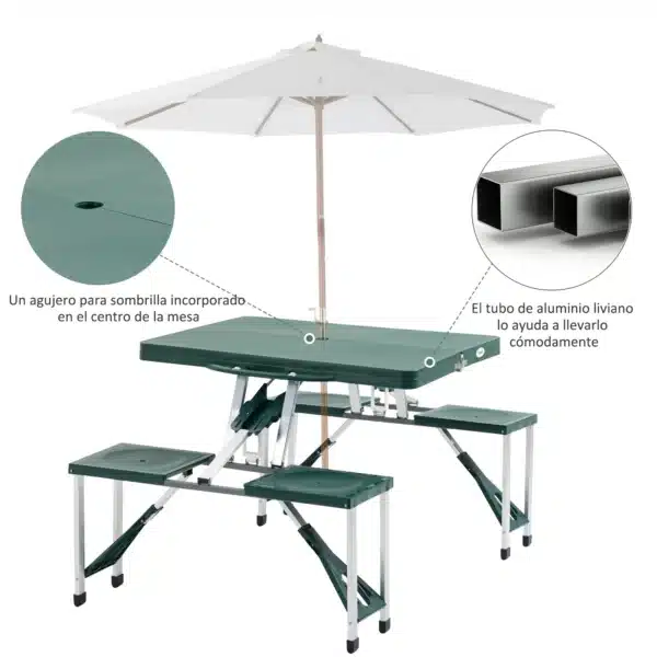 Mesa Maleta de Camping Plegable Portátil 4 Asientos y Agujero Sombrilla Estructura Aluminio Playa Picnic 135.5x84.5x66cm (Verde) - Imagen 4