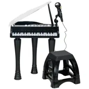 Juego de Piano Infantil de 32 Teclas con Micrófono Taburete Luces 22 Canciones y 4 Sonidos 37x30,5x60,4 cm Negro