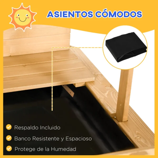 Arenero Infantil con Toldo Ajustable en Altura 2 Bancos y Respaldos Desmontables para Patio 106x106x115 cm Natural - Imagen 6