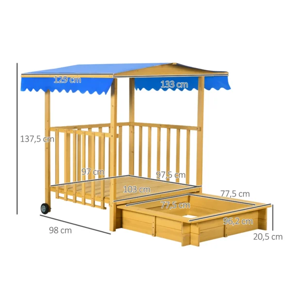 Arenero para Niños Veranda de Madera con Techo y Ruedas Juego para Niños de 3-8 Años para Jardín 133x129x137,5cm Natural - Imagen 9