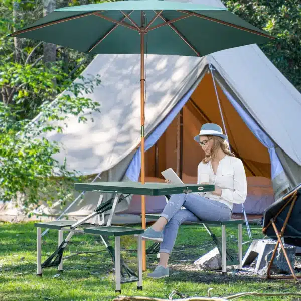 Mesa Maleta de Camping Plegable Portátil 4 Asientos y Agujero Sombrilla Estructura Aluminio Playa Picnic 135.5x84.5x66cm (Verde) - Imagen 9