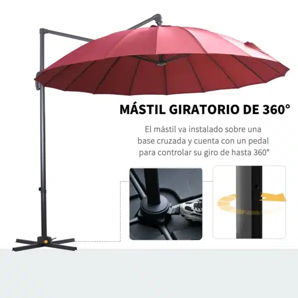 Parasol Sombrilla de Jardín Ø300 cm de Diámetro con Manivela y Poste Giratorio 360° Techo Inclinable en 6 Posiciones Base Cruzada Incluida Rojo - Imagen 6