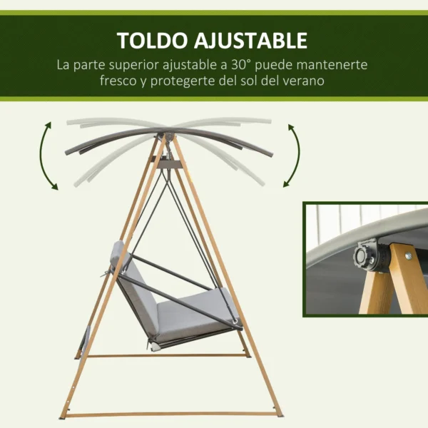 Columpio Balancín de Jardín de 3 Plazas con Techo Ajustable Asiento Acolchado 224x133x173 cm Gris - Imagen 6