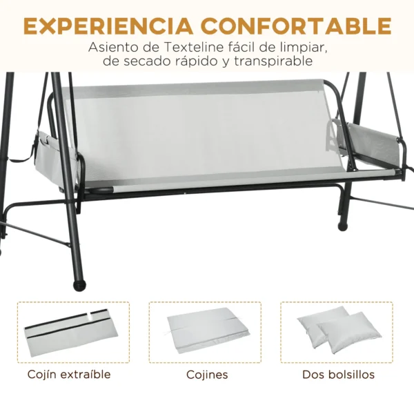 Columpio de Jardín de 3 Plazas Convertible en Cama con Toldo Reclinable 2 Cojines y Marco de Acero 236x138x185 cm Gri - Imagen 6