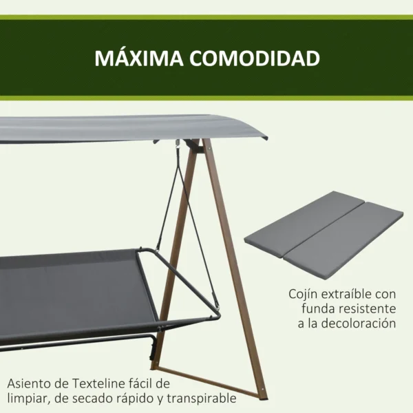 Columpio Balancín de Jardín de 3 Plazas con Techo Ajustable Asiento Acolchado 224x133x173 cm Gris - Imagen 5