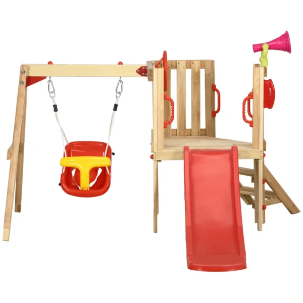 Juego de Tobogán y Columpio para Niños 4 en 1 con Columpio Tobogán Volante Bocina Teléfono 170x200x118 cm Rojo y Natural - Imagen 2