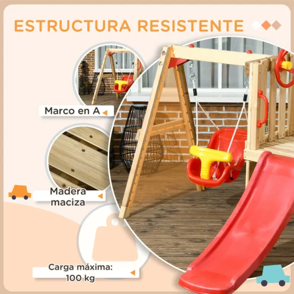Juego de Tobogán y Columpio para Niños 4 en 1 con Columpio Tobogán Volante Bocina Teléfono 170x200x118 cm Rojo y Natural - Imagen 7