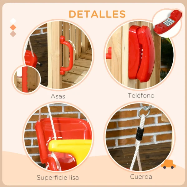 Juego de Tobogán y Columpio para Niños 4 en 1 con Columpio Tobogán Volante Bocina Teléfono 170x200x118 cm Rojo y Natural - Imagen 5