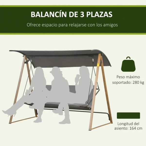 Columpio Balancín de Jardín de 3 Plazas con Techo Ajustable Asiento Acolchado 224x133x173 cm Gris - Imagen 7