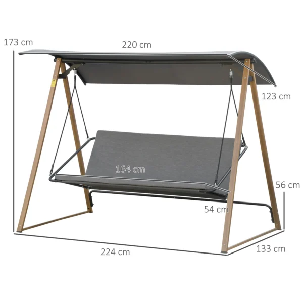 Columpio Balancín de Jardín de 3 Plazas con Techo Ajustable Asiento Acolchado 224x133x173 cm Gris - Imagen 8