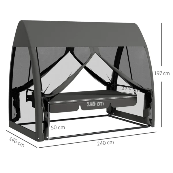 Balancín de Jardín de 3 Plazas Convertible en Cama Columpio con Mosquitera Estructura de Metal 240x140x197 cm Gris - Imagen 9