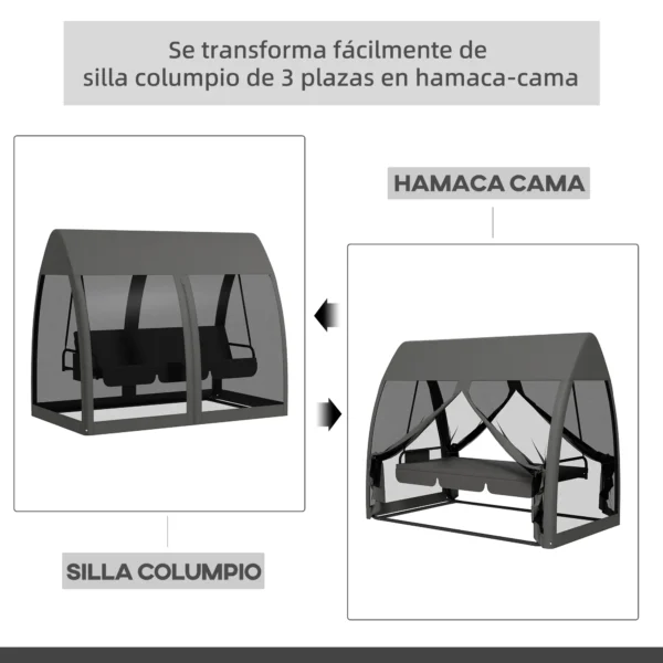 Balancín de Jardín de 3 Plazas Convertible en Cama Columpio con Mosquitera Estructura de Metal 240x140x197 cm Gris - Imagen 8