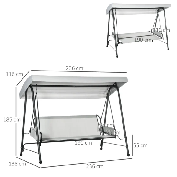 Columpio de Jardín de 3 Plazas Convertible en Cama con Toldo Reclinable 2 Cojines y Marco de Acero 236x138x185 cm Gri - Imagen 9