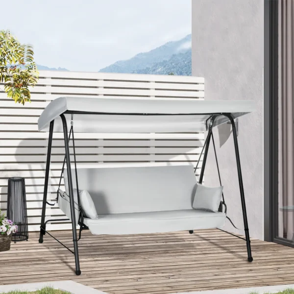 Columpio de Jardín de 3 Plazas Convertible en Cama con Toldo Reclinable 2 Cojines y Marco de Acero 236x138x185 cm Gri - Imagen 10