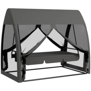 Balancín de Jardín de 3 Plazas Convertible en Cama Columpio con Mosquitera Estructura de Metal 240x140x197 cm Gris