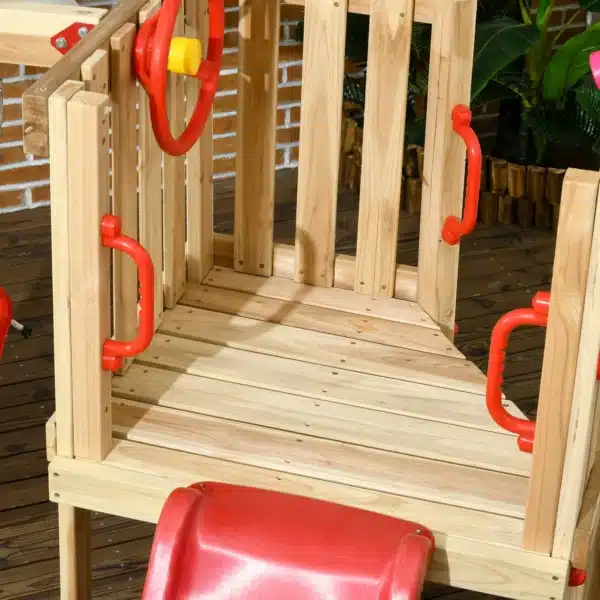 Juego de Tobogán y Columpio para Niños 4 en 1 con Columpio Tobogán Volante Bocina Teléfono 170x200x118 cm Rojo y Natural - Imagen 4