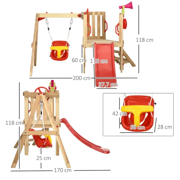 Juego de Tobogán y Columpio para Niños 4 en 1 con Columpio Tobogán Volante Bocina Teléfono 170x200x118 cm Rojo y Natural - Imagen 9