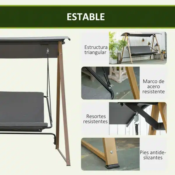 Columpio Balancín de Jardín de 3 Plazas con Techo Ajustable Asiento Acolchado 224x133x173 cm Gris - Imagen 4