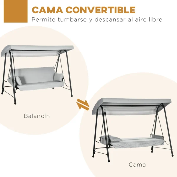 Columpio de Jardín de 3 Plazas Convertible en Cama con Toldo Reclinable 2 Cojines y Marco de Acero 236x138x185 cm Gri - Imagen 8