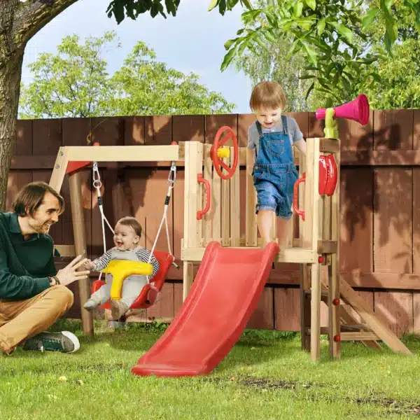 Juego de Tobogán y Columpio para Niños 4 en 1 con Columpio Tobogán Volante Bocina Teléfono 170x200x118 cm Rojo y Natural - Imagen 10