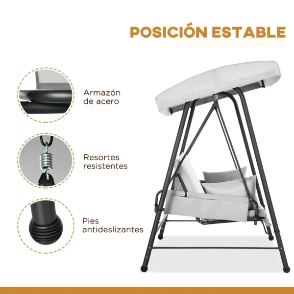 Columpio de Jardín de 3 Plazas Convertible en Cama con Toldo Reclinable 2 Cojines y Marco de Acero 236x138x185 cm Gri - Imagen 5