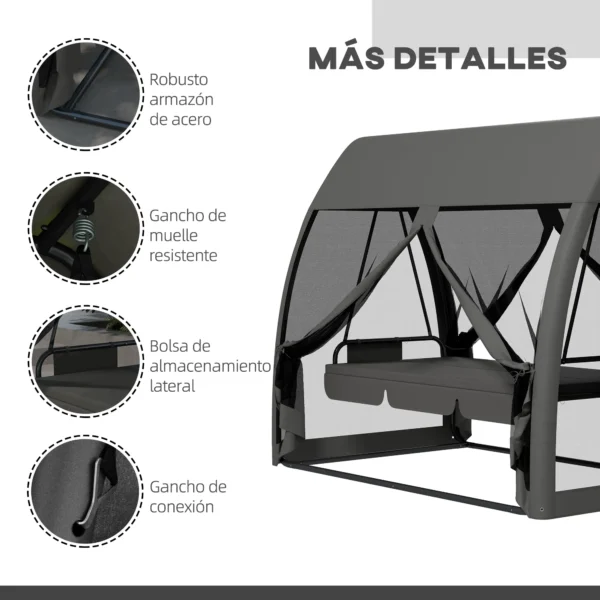 Balancín de Jardín de 3 Plazas Convertible en Cama Columpio con Mosquitera Estructura de Metal 240x140x197 cm Gris - Imagen 5