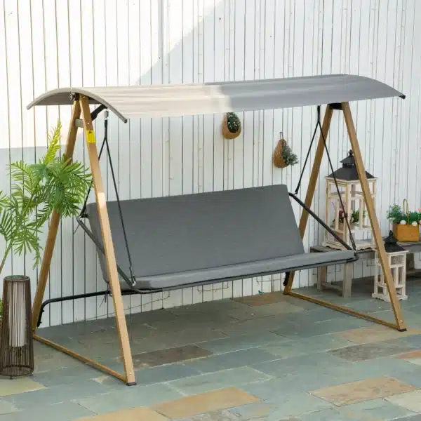 Columpio Balancín de Jardín de 3 Plazas con Techo Ajustable Asiento Acolchado 224x133x173 cm Gris - Imagen 9