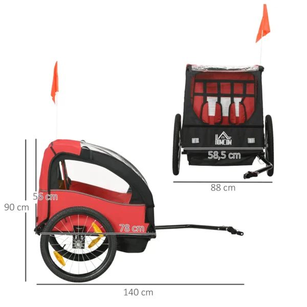 Remolque de Bicicleta para Niños +18 Meses con Cinturón de Seguridad Sistema de Amortiguador 140x88x90 cm Rojo - Imagen 9
