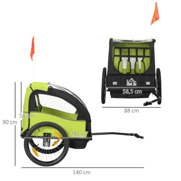 Remolque de Bicicleta para Niños +18 Meses con Cinturón de Seguridad Sistema de Amortiguador 140x88x90 cm Verde varga 40 kg - Imagen 9