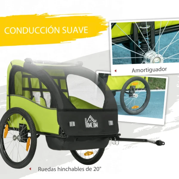 Remolque de Bicicleta para Niños +18 Meses con Cinturón de Seguridad Sistema de Amortiguador 140x88x90 cm Verde varga 40 kg - Imagen 7