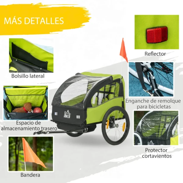 Remolque de Bicicleta para Niños +18 Meses con Cinturón de Seguridad Sistema de Amortiguador 140x88x90 cm Verde varga 40 kg - Imagen 5