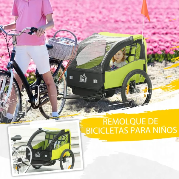 Remolque de Bicicleta para Niños +18 Meses con Cinturón de Seguridad Sistema de Amortiguador 140x88x90 cm Verde varga 40 kg - Imagen 8