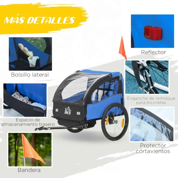 Remolque de Bicicleta para Niños +18 Meses con Cinturón de Seguridad Sistema de Amortiguador Azul/VERDE/ROJO 140x88x90 cm (LxANxAL) 40kg - Imagen 5