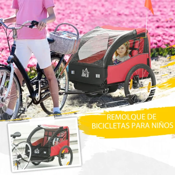 Remolque de Bicicleta para Niños +18 Meses con Cinturón de Seguridad Sistema de Amortiguador 140x88x90 cm Rojo - Imagen 8