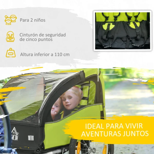 Remolque de Bicicleta para Niños +18 Meses con Cinturón de Seguridad Sistema de Amortiguador 140x88x90 cm Verde varga 40 kg - Imagen 6