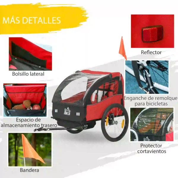Remolque de Bicicleta para Niños +18 Meses con Cinturón de Seguridad Sistema de Amortiguador 140x88x90 cm Rojo - Imagen 5