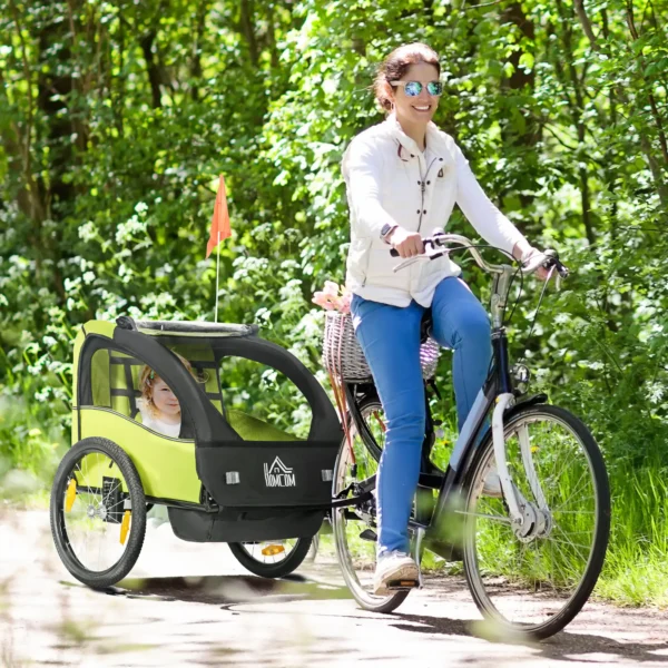 Remolque de Bicicleta para Niños +18 Meses con Cinturón de Seguridad Sistema de Amortiguador 140x88x90 cm Verde varga 40 kg - Imagen 10