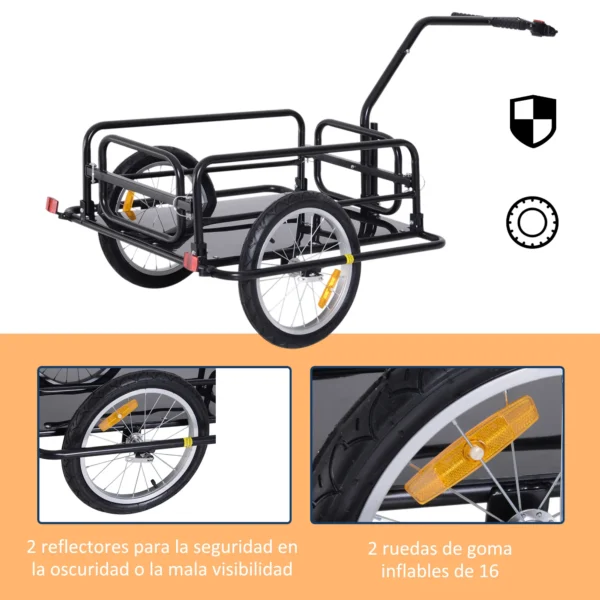 Remolque de Carga para Bicicleta Plegable con 2 Ruedas Reflectores Seguros Carga 40 kg 155x71,5x77 cm Negro - Imagen 6