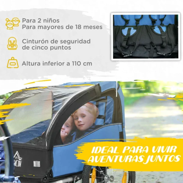Remolque de Bicicleta para Niños +18 Meses con Cinturón de Seguridad Sistema de Amortiguador Azul/VERDE/ROJO 140x88x90 cm (LxANxAL) 40kg - Imagen 6