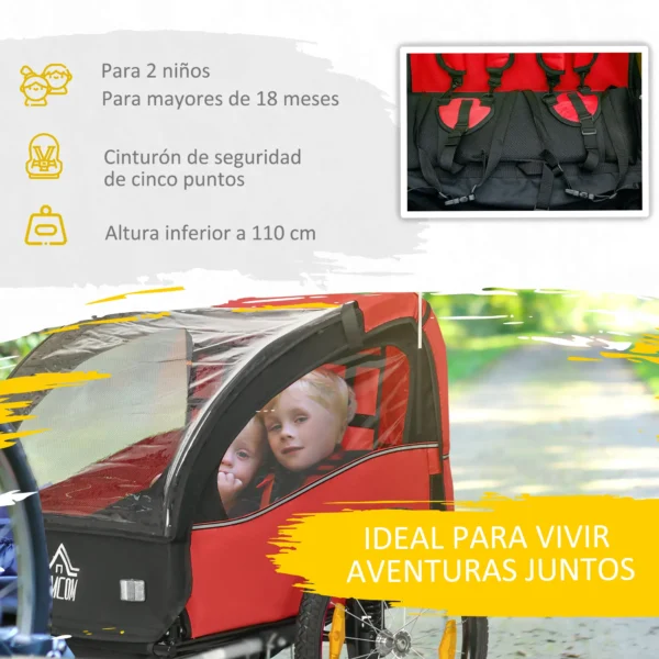 Remolque de Bicicleta para Niños +18 Meses con Cinturón de Seguridad Sistema de Amortiguador 140x88x90 cm Rojo - Imagen 6