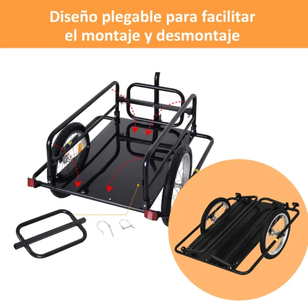 Remolque de Carga para Bicicleta Plegable con 2 Ruedas Reflectores Seguros Carga 40 kg 155x71,5x77 cm Negro - Imagen 7