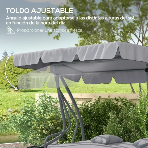Balancín de Jardín Exterior de 3 Plazas Convertible en Cama con Toldo Ajustable y 2 Almohadas Carga 340 kg Gris 4.6 - Imagen 7