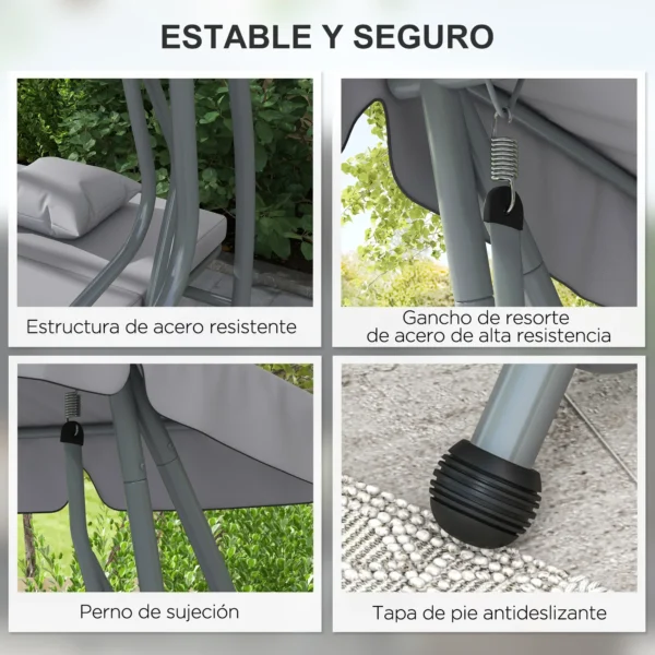 Balancín de Jardín Exterior de 3 Plazas Convertible en Cama con Toldo Ajustable y 2 Almohadas Carga 340 kg Gris 4.6 - Imagen 6